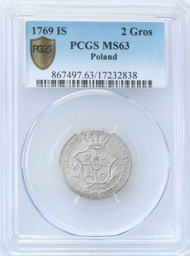 Stanisław August Poniatowski. 2 grosze (półzłotek) 1769 IS, Warszawa PCGS MS63 (MAX)