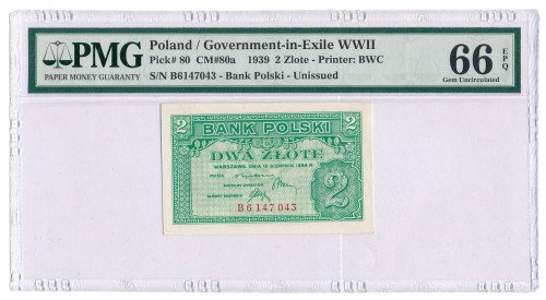 Banknot. Emigracja 2 złote 1939 seria B PMG 66 EPQ (MAX) RZADKOŚĆ R5
