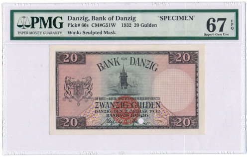 Wolne Miasto Gdańsk. WZÓR SPECIMEN 20 guldenów 1932 PMG 67 EPQ (MAX) UNIKAT