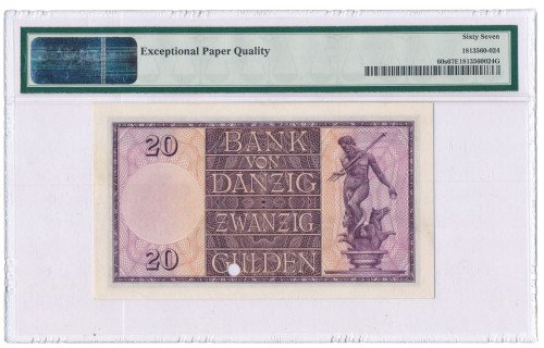 Wolne Miasto Gdańsk. WZÓR SPECIMEN 20 guldenów 1932 PMG 67 EPQ (MAX) UNIKAT
