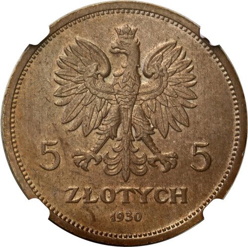 PRÓBA brąz 5 złotych 1930 Sztandar NGC MS63 BN (MAX)