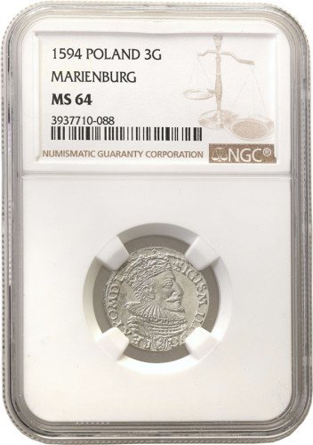 Zygmunt III Waza. Trojak (3 grosze) 1594, Malbork NGC MS64 (MAX)