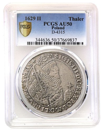 Zygmunt lll Waza. Talar 1629, Bydgoszcz PCGS AU50 (MAX) - RZADKOŚĆ R6