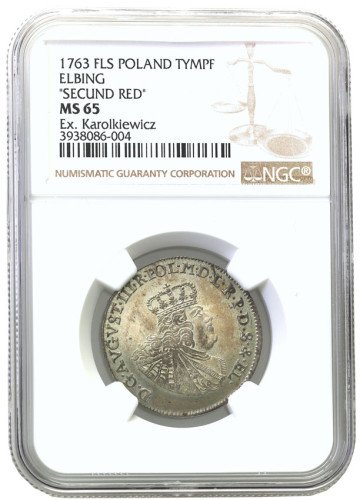 August III Sas. Tymf (tynf) 1763 FLS, Elbląg NGC MS65 (MAX) Ex. Karolkiewicz Collection - RZADKOŚĆ R6-R7