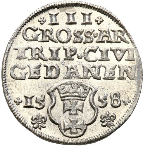 Zygmunt II August. Trojak 1558, Gdańsk NGC MS65 (MAX) RZADKOŚĆ R7 - JEDYNY!