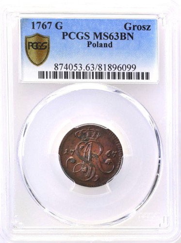 Stanisław August Poniatowski. Grosz 1767 G, Kraków PCGS MS63 BN (MAX)