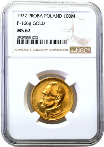 II RP. PRÓBA ZŁOTO. 100 marek 1922 Piłsudski NGC MS62 (MAX) odmiana z napisem PRÓBA - UNIKAT