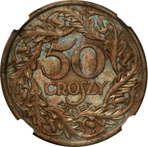 II RP. PRÓBA brąz 50 groszy 1938 NGC MS61 (MAX) - TYP I odmiana NAJRZADSZA