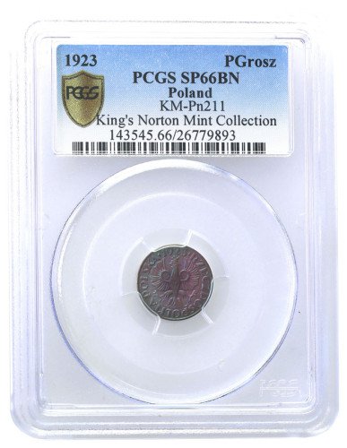 II RP. PRÓBA 1 grosz 1923 stempel LUSTRZANY PCGS SP66 BN (MAX)