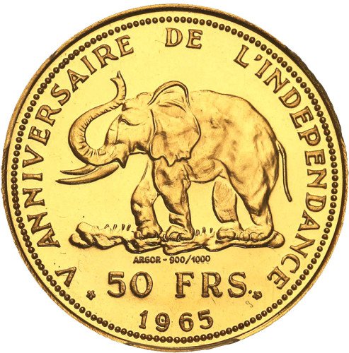 Kongo. 50 franków 1965 stempel lustrzany PCGS PR67 (MAX)
