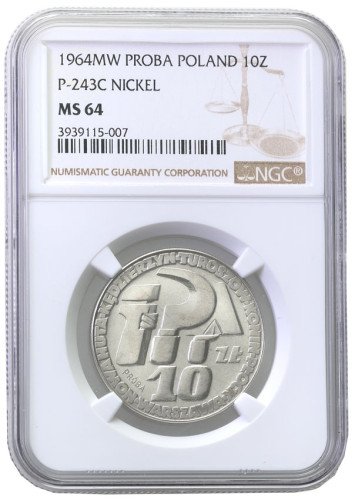 PRL. PRÓBA Nikiel 10 złotych 1964 klucz, sierp i kielnia (ze znakiem mennicy) NGC MS64 (MAX)
