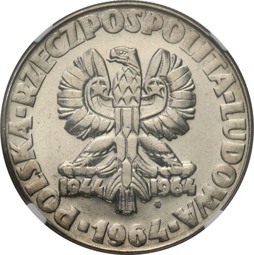 PRL. PRÓBA Nikiel 10 złotych 1964 klucz, sierp i kielnia (ze znakiem mennicy) NGC MS64 (MAX)