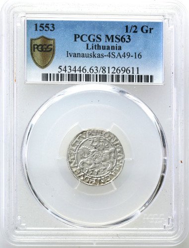 Zygmunt II August. Półgrosz 1553, Wilno PCGS MS63 (MAX)