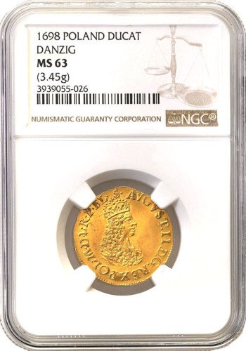 August II Mocny. Dukat 1698, Gdańsk NGC MS63 (MAX) - WYŚMIENITY