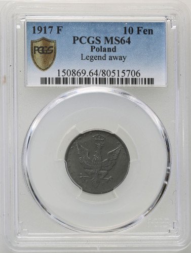 Niemieckie Władze Okupacyjne. 10 Fenigów 1917 PCGS MS64 (MAX)