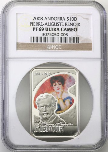 Andora. 10 dinarów 2008, Pierre-Auguste Renoir NGC PF69 ULTRA CAMEO (2 MAX)