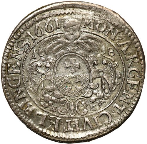 Jan ll Kazimierz. Ort (18 groszy) 1661, Elbląg, BARDZO ŁADNY - RZADKOŚĆ R5