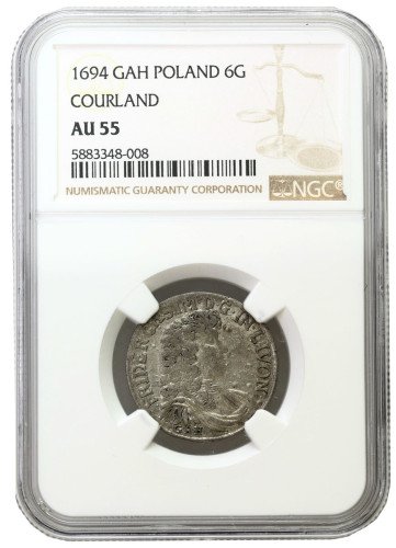 Kurlandia. Fryderyk Kazimierz Kettler 1682-1698. Szóstak (6 groszy) 1694 Mitawa NGC AU55 (MAX) - RZADKOŚĆ R7