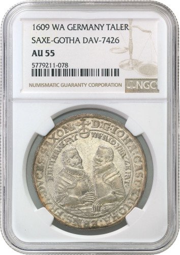 Niemcy. Sachsen-Coburg Eisenach. Johann Casimir i Johann Ernst (1572-1633). Talar 1609, Saalfeld NGC AU55 (MAX)