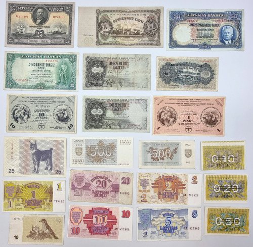 Litwa, Łotwa, banknoty, zestaw 21 sztuk
