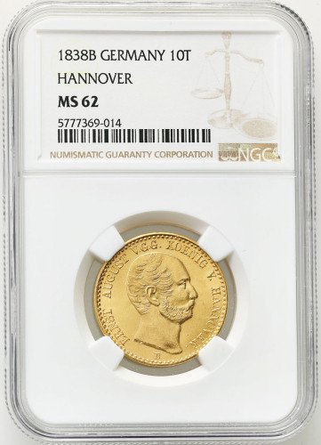 Niemcy, Braunschweig-Calenberg. Ernst August (1837-1851). 10 talarów 1838 B, Hannover NGC MS62 (2 MAX) - RZADKIE