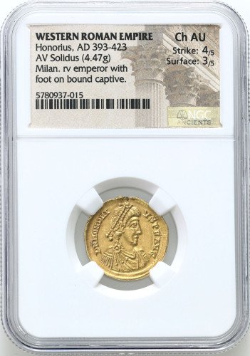 Rzym, Honoriusz (393-423). Solidus, Mediolan NGC Ch AU