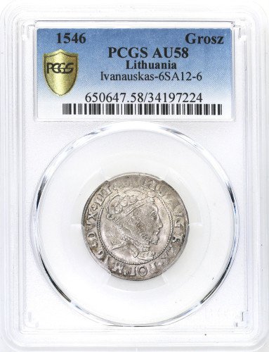 Zygmunt II August. Grosz na stopę litewską 1546, Wilno PCGS AU58 (MAX)