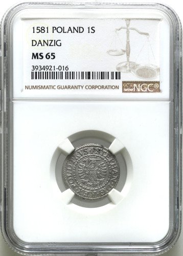 Stefan Batory. Szeląg 1581, Gdańsk NGC MS65 (MAX) - PIĘKNY