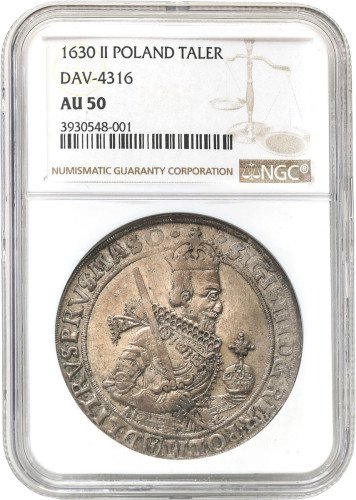 Zygmunt III Waza. Talar 1630, Bydgoszcz NGC AU50 - ŁADNY - RZADKÓŚĆ R6