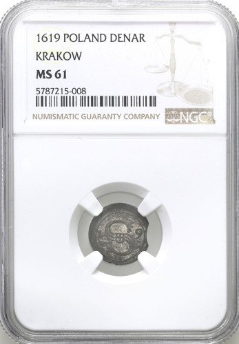Zygmunt III Waza. Denar 1619, Kraków NGC MS61 (MAX) - RZADKOŚĆ R8