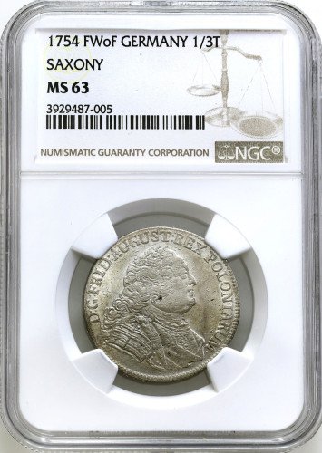 August III Sas. 1/3 Talara (1/2 Guldena) 1754, Drezno NGC MS63 (MAX) - WYŚMIENITE