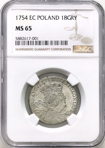 August III Sas. Ort (18 groszy) 1754, Lipsk NGC MS65 (MAX) - PIĘKNY