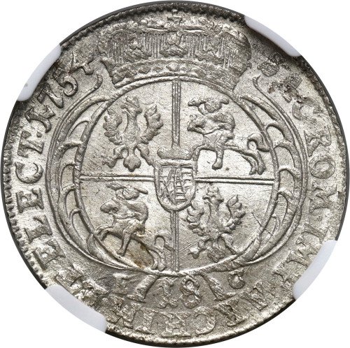 August III Sas. Ort (18 groszy) 1754, Lipsk NGC MS65 (MAX) - PIĘKNY