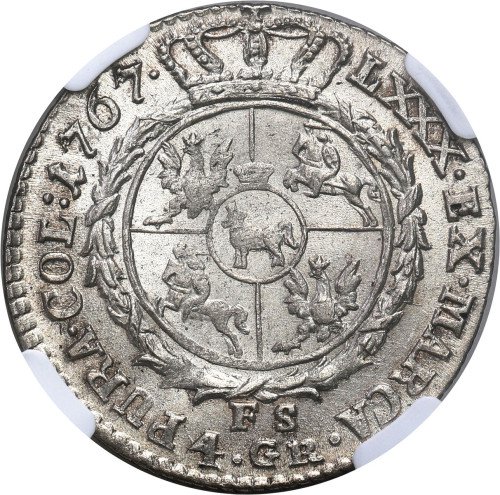 Stanisław August Poniatowski. Złotówka (4 grosze) 1767 FS, Warszawa NGC MS64 (2 MAX) - WYŚMIENITA