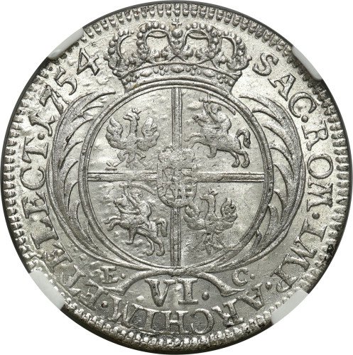 August III Sas. Szóstak 1754, Lipsk NGC MS62 (MAX) – PIĘKNY