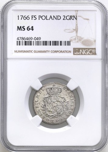 Stanisław August Poniatowski. 2 grosze (półzłotek) 1766 FS, Warszawa NGC MS64 (2 MAX) – PIĘKNE