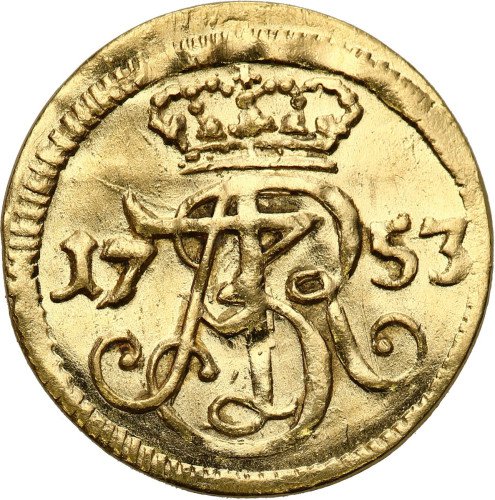 August III Sas. Szeląg w złocie 1753, Gdańsk, ex. Virgil Brand Collection - RZADKOŚĆ