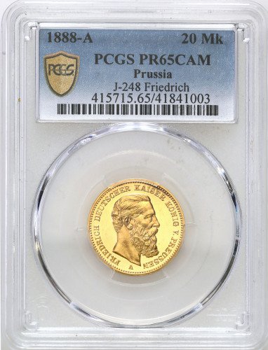 Niemcy. Prusy Friedrich III. 20 marek 1888 A, Berlin PCGS PR65 CAM (2 MAX) - RZADKIE