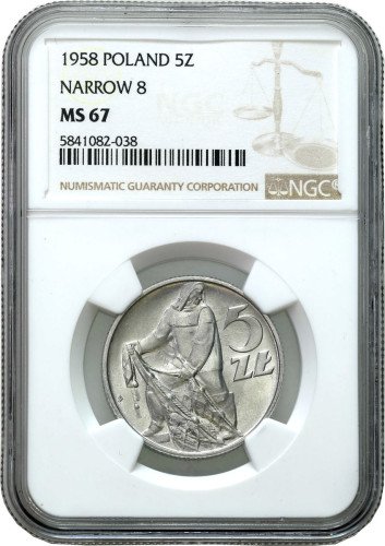 PRL. 5 złotych 1958 Rybak – PODWÓJNE SŁONECZKO – WĄSKA DATA 8 - NGC MS67 (MAX) EKSTREMALNIE RZADKIE