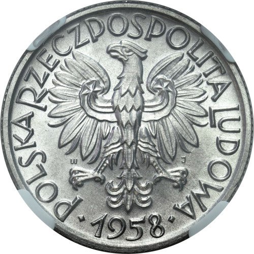 PRL. 5 złotych 1958 Rybak – PODWÓJNE SŁONECZKO – WĄSKA DATA 8 - NGC MS67 (MAX) EKSTREMALNIE RZADKIE