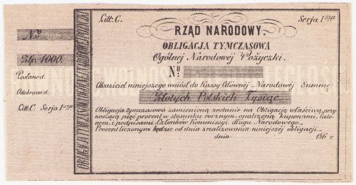 Powstanie Styczniowe. 1863 obligacja 1.000 złotych, lit. C